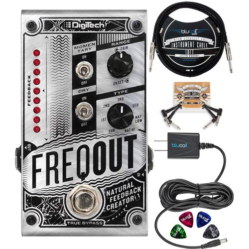  DigiTech FreqOut Natural Feedback Creator Effects Pedal Bundle with Blucoil Slim 9V 670ma Power Supply AC Adapter, 10-FT Mono Instrument Cable, 2-Pack of Pedal Patch Cables, and 4x