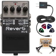 BOSS RV-6 Digital Reverb Pedal Bundle with Blucoil Slim 9V Power Supply AC Adapter, 2-Pack of Pedal Patch Cables, and 4-Pack of Celluloid Guitar Picks