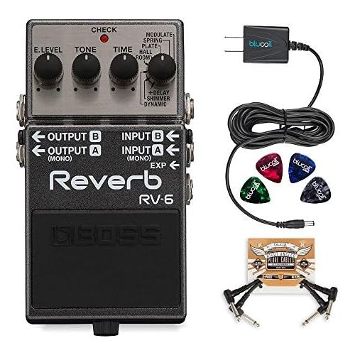  BOSS RV-6 Digital Reverb Pedal Bundle with Blucoil Slim 9V Power Supply AC Adapter, 2-Pack of Pedal Patch Cables, and 4-Pack of Celluloid Guitar Picks