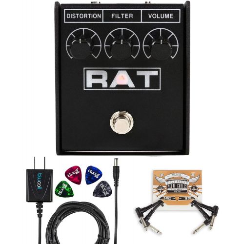  Pro Co RAT2 Distortion Pedal with Overdrive Fuzz Bundle with Blucoil Slim 9V Power Supply AC Adapter, 2-Pack of Pedal Patch Cables, and 4-Pack of Celluloid Guitar Picks