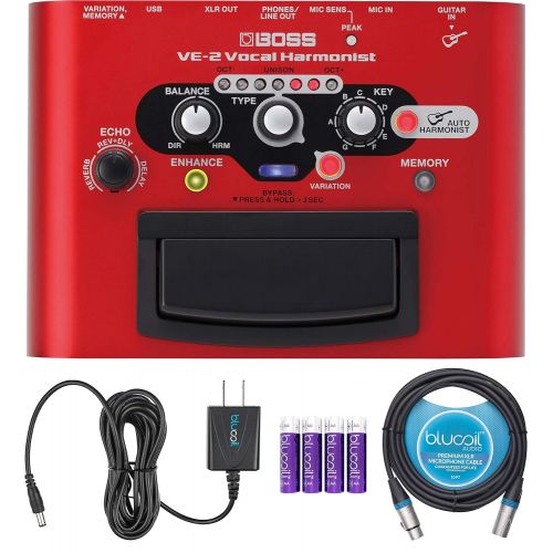  BOSS VE-2 Vocal Harmonist Pedal Bundle with Blucoil Slim 9V 670ma Power Supply AC Adapter, 10-FT Balanced XLR Cable, and 4 AA Batteries