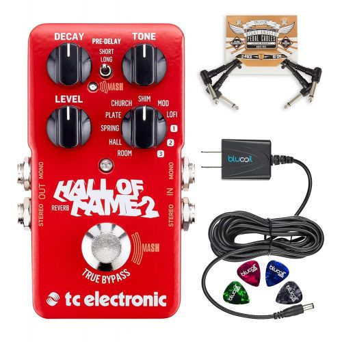  TC Electronic Hall of Fame 2 Reverb Pedal with TonePrint Bundle with Blucoil Power Supply Slim AC/DC Adapter for 9 Volt DC 670mA, 2-Pack of Pedal Patch Cables and 4-Pack of Cellulo