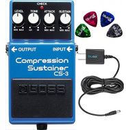 Boss CS-3 Compressor Sustainer Pedal Bundle with Blucoil Power Supply Slim AC/DC Adapter for 9 Volt DC 670mA and 4-Pack of Guitar Picks