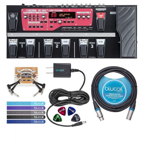  BOSS RC-300 Loop Station - 3 Channel Mixer Bundle with Blucoil 9V 670mA DC Power Supply, 10-Ft Balanced XLR Cable, 2-Pack of Pedal Patch Cables, 4-Pack of Guitar Picks and 5-Pack o