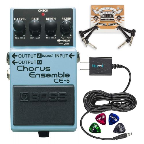  BOSS CE-5 Stereo Chorus Ensemble Pedal Bundle with Blucoil 9V DC Power Supply with Short Circuit Protection, 2-Pack of Pedal Patch Cables and 4-Pack of Celluloid Guitar Picks