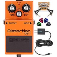 BOSS DS-1 Distortion Pedal Bundle with Blucoil Slim 9V 670ma Power Supply AC Adapter, 2-Pack of Pedal Patch Cables, and 4-Pack of Celluloid Guitar Picks