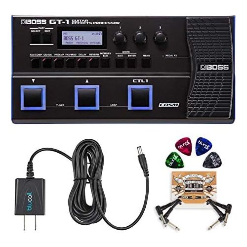  BOSS GT-1 Guitar Multi-Effects Processor Bundle with BOSS Tone Studio, Blucoil 9V DC Power Supply, 2-Pack of Pedal Patch Cables, and 4-Pack of Celluloid Guitar Picks