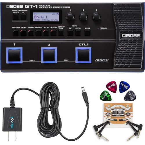  BOSS GT-1 Guitar Multi-Effects Processor Bundle with BOSS Tone Studio, Blucoil 9V DC Power Supply, 2-Pack of Pedal Patch Cables, and 4-Pack of Celluloid Guitar Picks