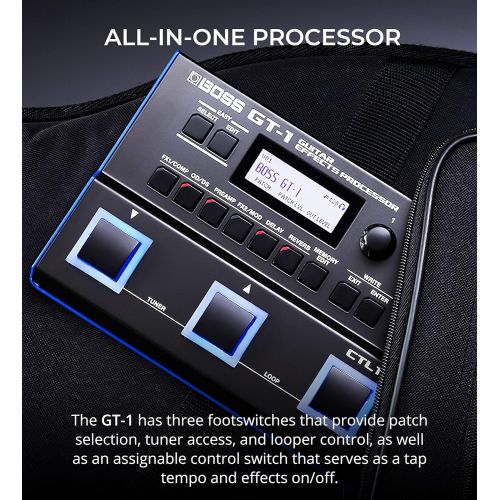  BOSS GT-1 Guitar Multi-Effects Processor Bundle with BOSS Tone Studio, Blucoil 9V DC Power Supply, 2-Pack of Pedal Patch Cables, and 4-Pack of Celluloid Guitar Picks