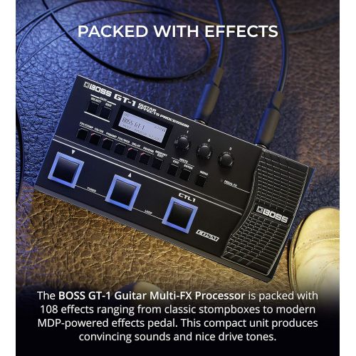  BOSS GT-1 Guitar Multi-Effects Processor Bundle with BOSS Tone Studio, Blucoil 9V DC Power Supply, 2-Pack of Pedal Patch Cables, and 4-Pack of Celluloid Guitar Picks