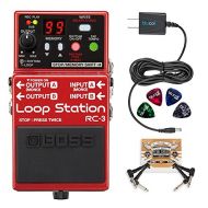 BOSS RC-3 Loop Station Stereo Recorder Pedal Bundle with Blucoil Power Supply Slim AC/DC Adapter for 9 Volt DC 670mA, 2 Pack of Pedal Patch Cables and 4 Celluloid Guitar Picks