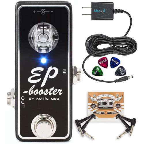  Xotic EP Booster Mini EQ Effects Pedal Bundle with Blucoil Slim 9V 670ma Power Supply AC Adapter, 2-Pack of Pedal Patch Cables, and 4-Pack of Celluloid Guitar Picks