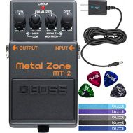 Boss MT-2 Metal Zone Distortion Guitar Pedal Bundle with Blucoil Slim 9V Power Supply AC Adapter, 4-Pack of Celluloid Guitar Picks and 5-Pack of Blucoil Reusable Cable Ties