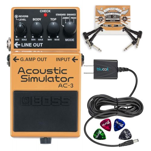  BOSS AC-3 Acoustic Simulator Pedal for Electric Guitars Bundle with Blucoil 9V DC Power Supply with Short Circuit Protection, 2-Pack of Pedal Patch Cables and 4-Pack of Celluloid G