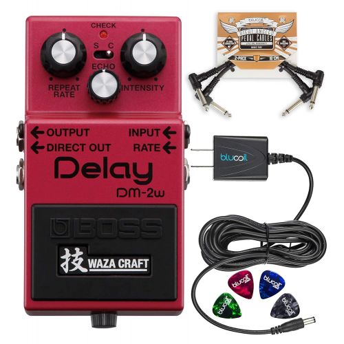  BOSS DM-2W Waza Craft Analog Delay Pedal Bundle with Blucoil Pedal Patch Cables (2-Pack), 9V DC Power Supply with Short Circuit Protection and 4-Pack of Celluloid Guitar Picks