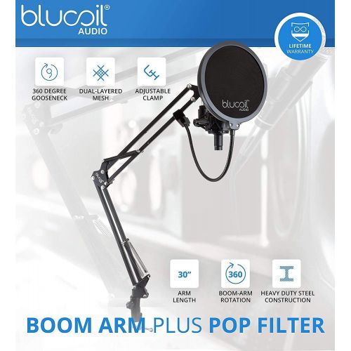  Blucoil Microphone Suspension Boom Scissor Arm Stand with Pop Filter for Audio-Technica, AKG, Samson, NEAT, Blue Microphones, and More