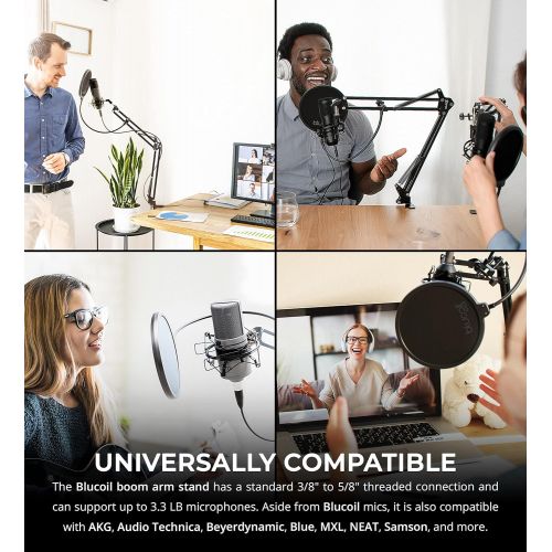  Blucoil Microphone Suspension Boom Scissor Arm Stand with Pop Filter for Audio-Technica, AKG, Samson, NEAT, Blue Microphones, and More