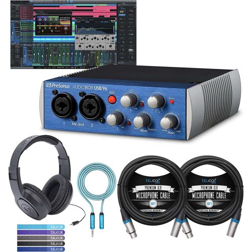 PreSonus AudioBox USB 96 2x2 USB Audio Interface with Studio One Artist, Samson SR350 Over-Ear Stereo Headphones, Blucoil 2x 10 XLR Cables, 6 3.5mm Audio Extension Cable, and 5x Ca
