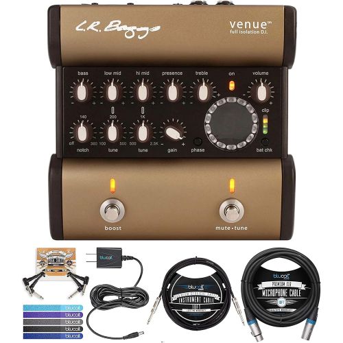  LR Baggs Venue DI Acoustic Guitar Preamp Bundle with Blucoil Slim 9V Power Supply AC Adapter, 10 Straight Instrument Cable (1/4), 10-FT Balanced XLR Cable, 2x Patch Cables, and 5x