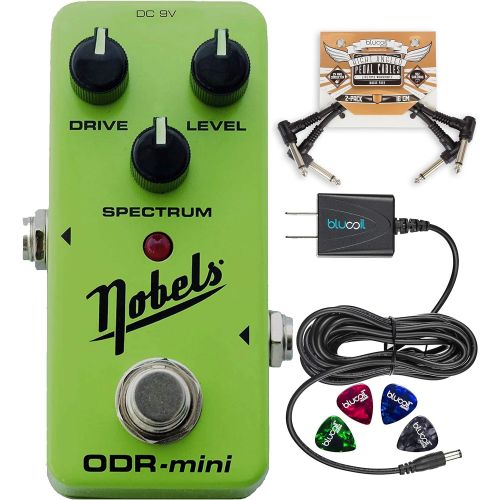  Nobels ODR-Mini Overdrive Pedal Bundle with Blucoil Slim 9V Power Supply AC Adapter, 2-Pack of Pedal Patch Cables, and 4-Pack of Celluloid Guitar Picks