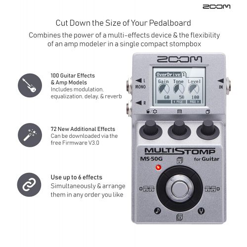 Zoom MS-50G MultiStomp Multi-Effects Pedal Bundle with Blucoil Slim 9V Power Supply AC Adapter, 10-FT Straight Instrument Cable (1/4in), 2x Patch Cables, 8x Guitar Picks, and 4 AA