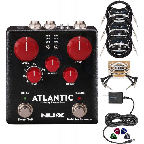  NUX NDR-5 Atlantic Delay and Reverb Pedal Bundle with Blucoil Slim 9V Power Supply AC Adapter, 3-Pack of 10-FT Straight Instrument Cables (1/4in), 2-Pack of Pedal Patch Cables, and