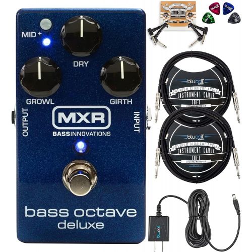  MXR M288 Bass Octave Deluxe Pedal Bundle with Blucoil Slim 9V 670ma Power Supply AC Adapter, 2-Pack of 10-FT Straight Instrument Cables (1/4in), 2x Patch Cables, and 4-Pack of Cell