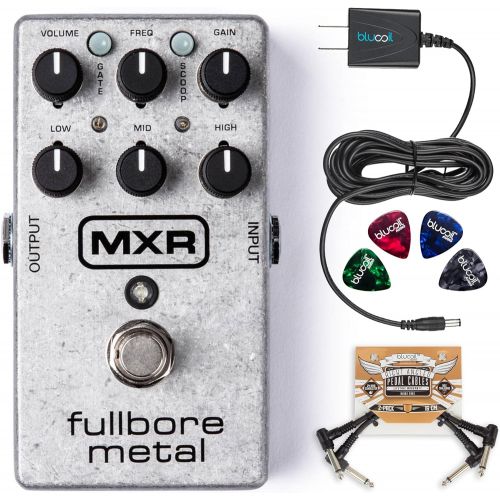  MXR M116 Fullbore Metal Distortion Pedal Bundle with Blucoil Power Supply Slim AC/DC Adapter for 9 Volt DC 670mA, 2-Pack of Pedal Patch Cables, and 4-Pack of Celluloid Guitar Picks