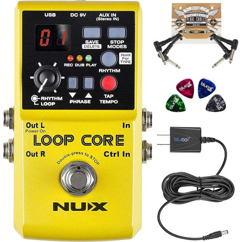  NUX Loop Core Looper Effects Pedal with Tap Tempo Bundle with Blucoil Slim 9V 670ma Power Supply AC Adapter, 2-Pack of Pedal Patch Cables, and 4-Pack of Celluloid Guitar Picks