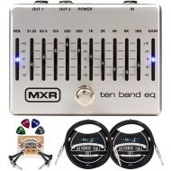 MXR M108S Ten Band EQ Pedal for Electric Guitar and Bass Bundle with Blucoil 2-Pack of 10-FT Straight Instrument Cables (1/4in), 2-Pack of Pedal Patch Cables, and 4-Pack of Cellulo