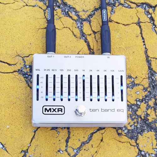  MXR M108S Ten Band EQ Pedal for Electric Guitar and Bass Bundle with Blucoil 2-Pack of 10-FT Straight Instrument Cables (1/4in), 2-Pack of Pedal Patch Cables, and 4-Pack of Cellulo