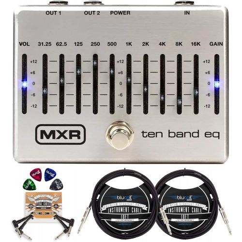  MXR M108S Ten Band EQ Pedal for Electric Guitar and Bass Bundle with Blucoil 2-Pack of 10-FT Straight Instrument Cables (1/4in), 2-Pack of Pedal Patch Cables, and 4-Pack of Cellulo