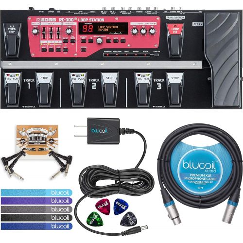  BOSS RC-300 Loop Station for Guitars, Bass, Keyboards Bundle with Blucoil Slim 9V Power Supply AC Adapter, 10-FT Balanced XLR Cable, 2-Pack of Pedal Patch Cables, 4x Guitar Picks,