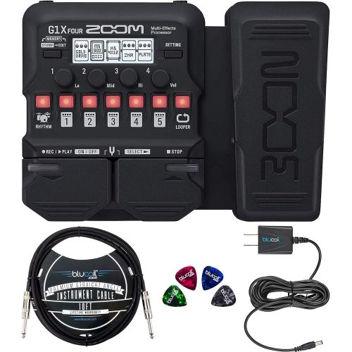  Zoom G1X FOUR Multi-Effects Processor with Expression Pedal Bundle with Guitar Lab Software, Blucoil 9V AC Adapter, 10-FT Straight Instrument Cable (1/4in), and 4-Pack of Celluloid