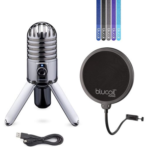  [아마존베스트]Samson Meteor Mic USB Cardioid Microphone with Mute Switch for Studio Recording (Chrome) Bundle with Blucoil Pop Filter Windscreen, and 5-Pack of Reusable Cable Ties