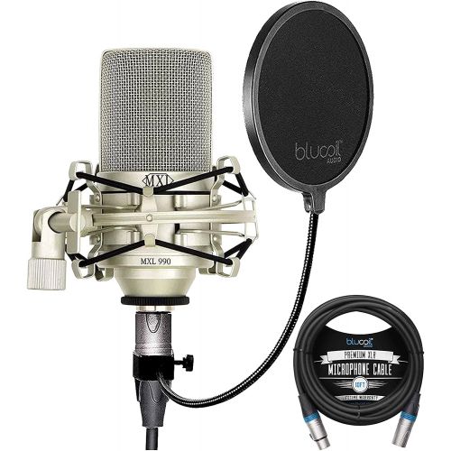  [아마존베스트]MXL 990 Cardioid Condenser Microphone for Podcasts, Voiceovers, Vocal and Acoustic Instrument Recording Bundle with Blucoil 10-FT Balanced XLR Cable, and Pop Filter Windscreen