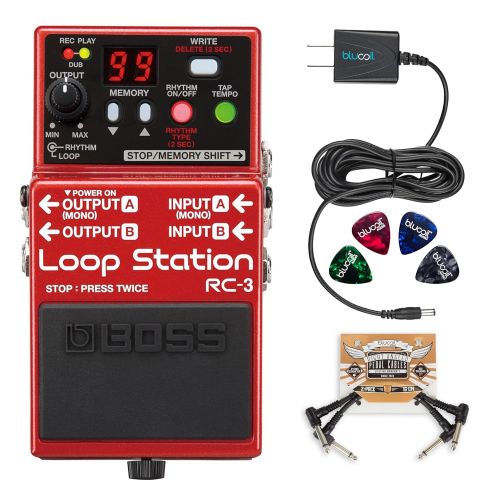  BOSS RC-3 Loop Station Stereo Recorder Pedal BUNDLED WITH Blucoil Power Supply Slim ACDC Adapter for 9 Volt DC 670mA, 2 Pack of Pedal Patch Cables AND 4 Celluloid Guitar Picks