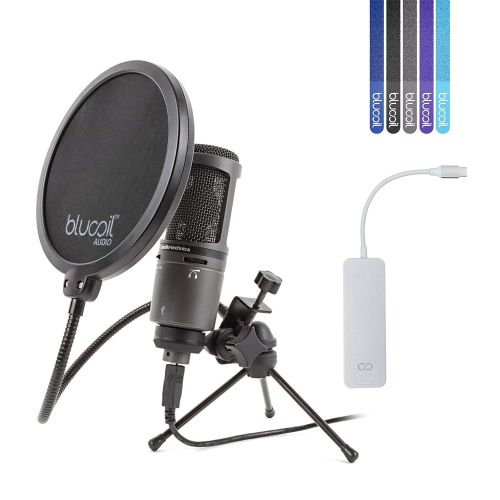  Audio-Technica AT2020USB+ Cardioid Condenser USB Microphone -INCLUDES- Blucoil Silver USB-C Hub with 4K HDMI and 4 USB Ports, Pop Filter, AND 5-Pack of Cable Ties