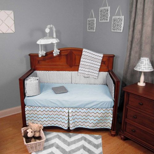  BlueGrey Cotton Chevron Zig Zag 4-piece Baby Crib Bedding Set Without Bumper