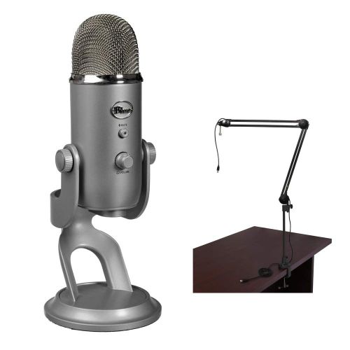  Blue Yeti USB Microphone (Silver) with BAI-2U Two-Section Broadcast Arm plus Internal Springs & USB Cable Bundle