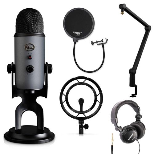  Blue Microphone Yeti Slate USB Microphone with Compass Boom Arm, Radius III Shockmount, Knox Pop Filter and Headphones