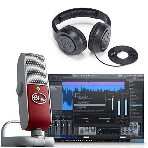  Blue Raspberry Studio Portable USB & Lightning Microphone with Recording Software and Studio Headphones Bundle