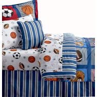 BOYS SPORTS PATCH Football Basketball Soccer Balls Baseball Blue Comforter Set (TWIN SIZE 6pc Bed In A Bag)
