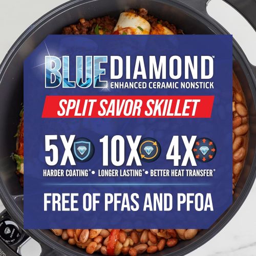  Blue Diamond Ceramic Nonstick Split Savor, 5.5QT Electric Skillet Hot Pot with Divider, Dishwasher Safe, Adjustable Temperature Control, PFAS-Free, Blue