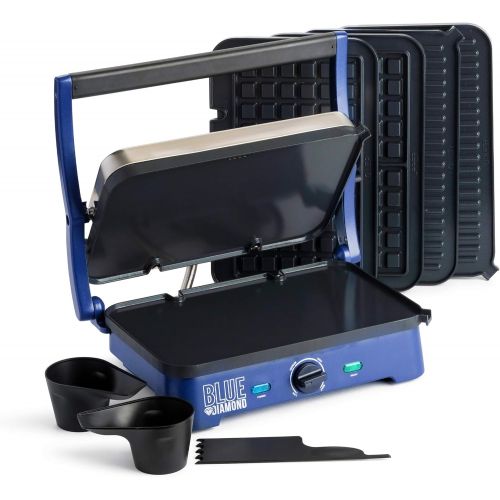  Blue Diamond Ceramic Nonstick, Electric Contact Sizzle Griddle with Grill and Waffle Plates, Open Flat Design, Dishwasher Safe Removable Plates, Adjustable Temperature Control, PFA