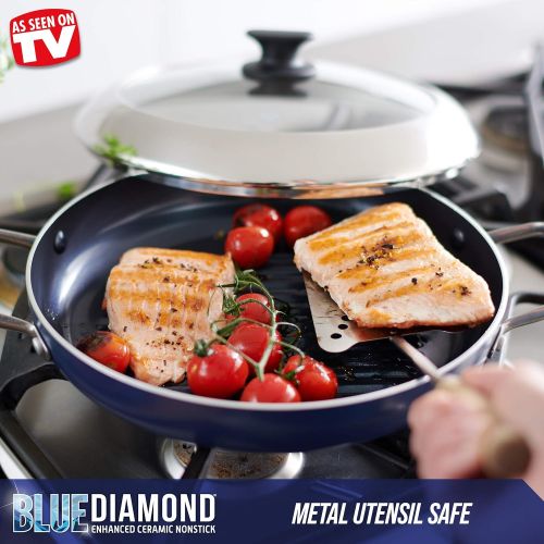  Blue Diamond Cookware Diamond Infused Ceramic Nonstick 11 Grill Genie Pan with Lid, PFAS-Free, Dishwasher Safe, Oven Safe, Blue