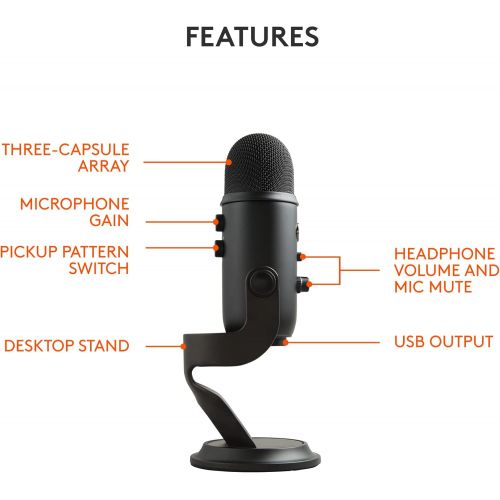  Blue Microphones Blue Yeti USB Mic for Recording and Streaming on PC and Mac, Blue VO!CE effects, 4 Pickup Patterns, Headphone Output and Volume Control, Mic Gain Control, Adjustable Stand, Plug an