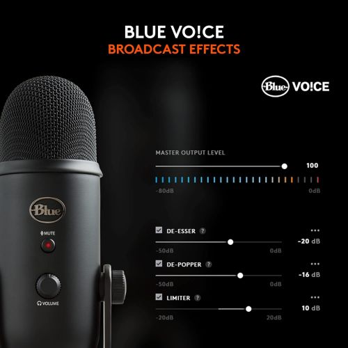  Blue Microphones Blue Yeti USB Mic for Recording and Streaming on PC and Mac, Blue VO!CE effects, 4 Pickup Patterns, Headphone Output and Volume Control, Mic Gain Control, Adjustable Stand, Plug an