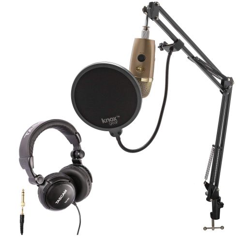  Blue Microphones Blue Yeti Nano Premium USB Microphone (Cubano Gold) with Tascam TH-03 Closed Back Over-Ear Headphones, Knox Gear Boom Scissor Arm and Pop Filter