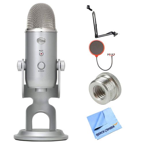  Blue Microphones Yeti Ultimate USB Microphone - Silver (YETI) + Suspension Boom Scissor Arm Stand + Universal Pop Filter Microphone Wind Screen + Mic Stand Adapter + MicroFiber Clo